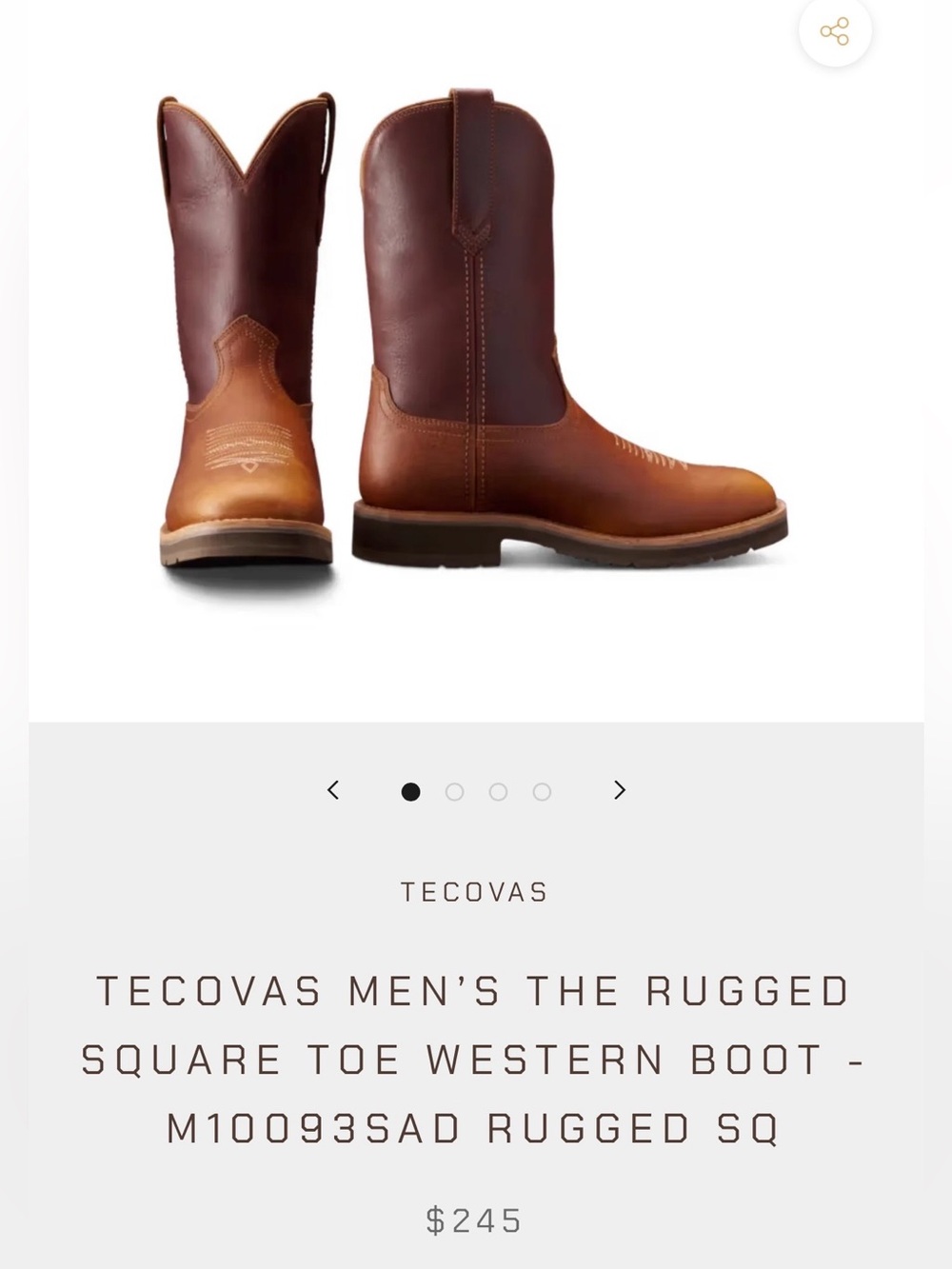 Tecovas Men's The Rugged Square Saddle Brown Western Boot Size 8.5 EE